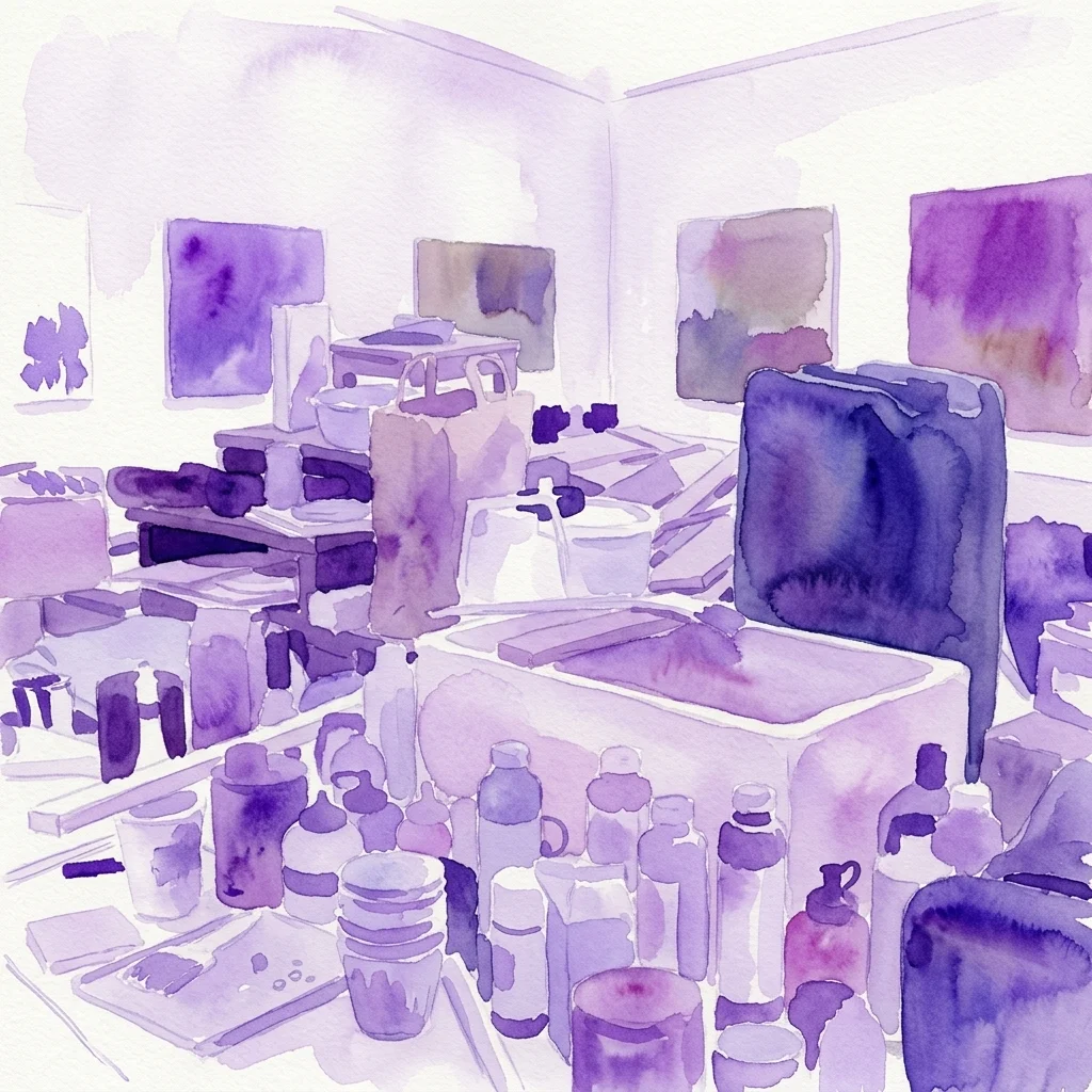 Una acuarela de color morado y blanco que representa una habitación desordenada llena de botellas, cajas y obras de arte abstractas en las paredes.