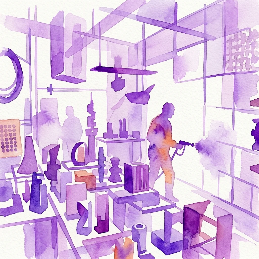 Ilustración en acuarela de color morado de un espacio de taller lleno de maquetas arquitectónicas y una figura trabajando con una pistola de pintura.