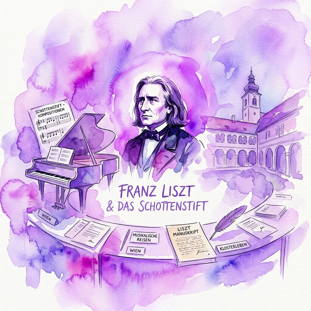 Illustration of Franz Liszt and the Schottenstift monastery, featuring a grand piano, musical scores, manuscripts, and a portrait of Liszt in a purple watercolor style.