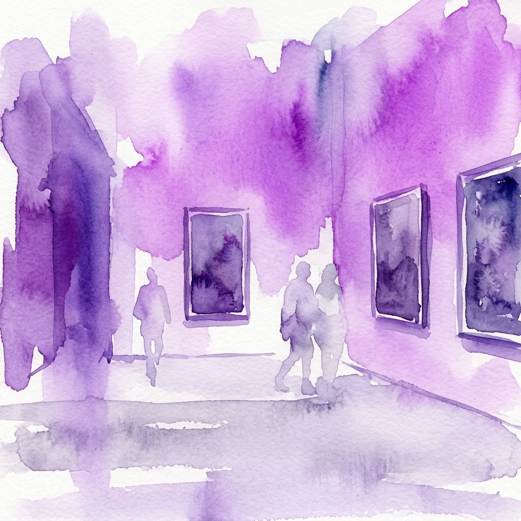 Watercolor illustration of a museum gallery with purple hues, featuring silhouettes of visitors viewing framed oil paintings on the walls.