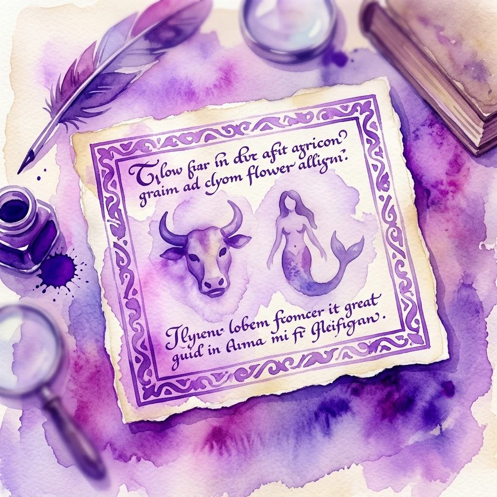 Medieval manuscript fragment with watermarks of an ox's head and a mermaid, surrounded by a quill, inkwell, and magnifying glass on a purple watercolor background.