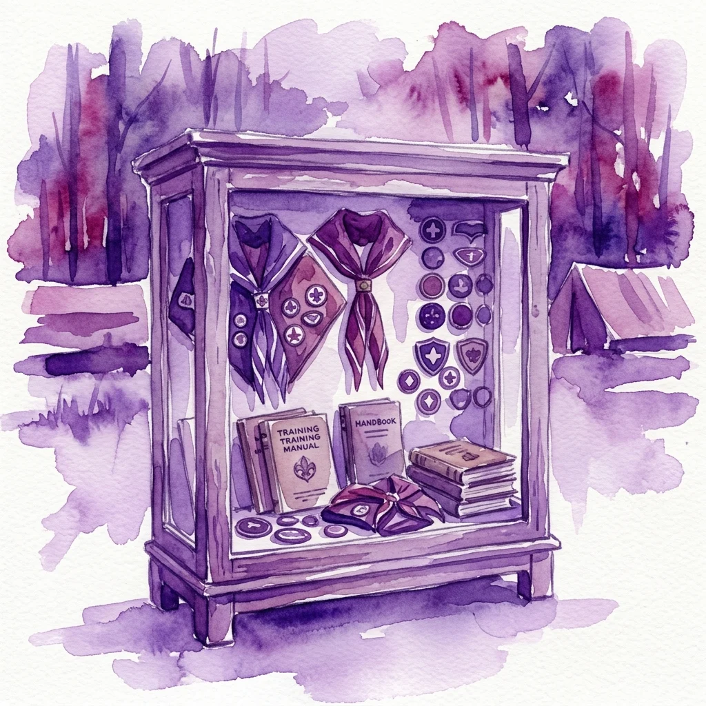 Ilustracja akwarelowa gabloty zawierającej zabytkowe pamiątki harcerskie, w tym chusty, odznaki i podręczniki szkoleniowe, na tle pola namiotowego.