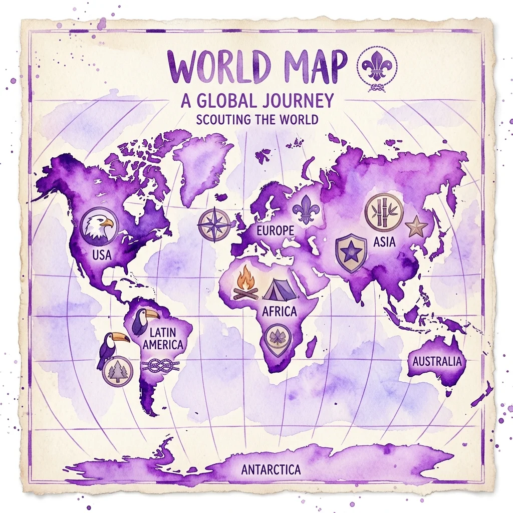 Mapę świata w stylu vintage, wykonaną akwarelą w kolorze fioletowym, z emblematami i symbolami skautowymi na każdym kontynencie, zatytułowaną 'World Map: A Global Journey - Scouting the World', ilustrującą globalny zasięg skautingu.