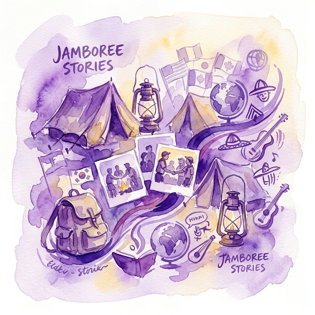 Ilustracja akwarelowa wystawy Jamboree Zuchowej z namiotami, lampionami, flagami, globusami, fotografiami i instrumentami muzycznymi, zatytułowana 'Jamboree Stories' w odcieniach fioletu i żółci.