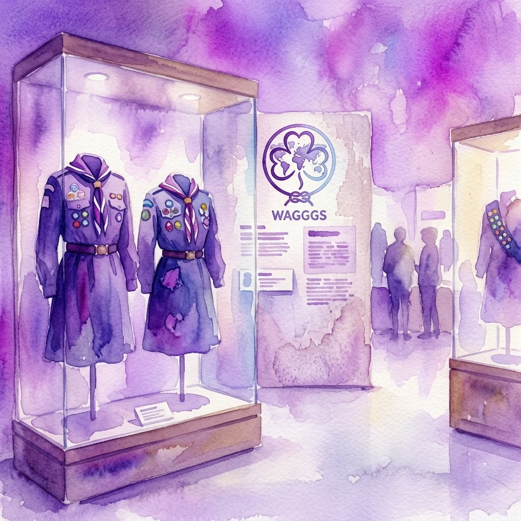 Ilustracja akwarelowa wystawy muzealnej prezentującej zabytkowe mundury Girl Guides w szklanej gablocie, z logo WAGGGS i panelem informacyjnym w tle.