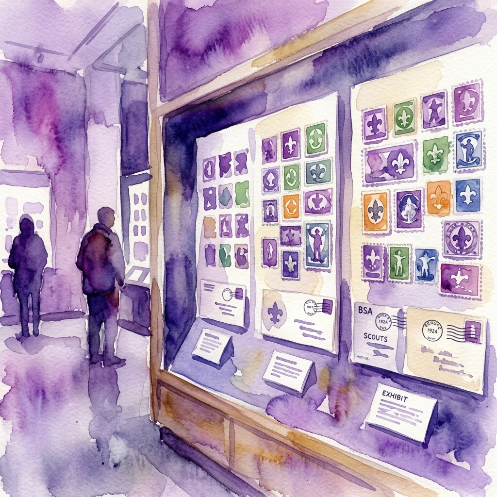 Ilustracja akwarelowa wystawy muzealnej prezentującej znaczki pocztowe i artefakty pocztowe o tematyce harcerskiej, w tym projekty z początku XX wieku oraz znaczek BSA Scouts z 1924 roku, z odwiedzającymi oglądającymi ekspozycję.