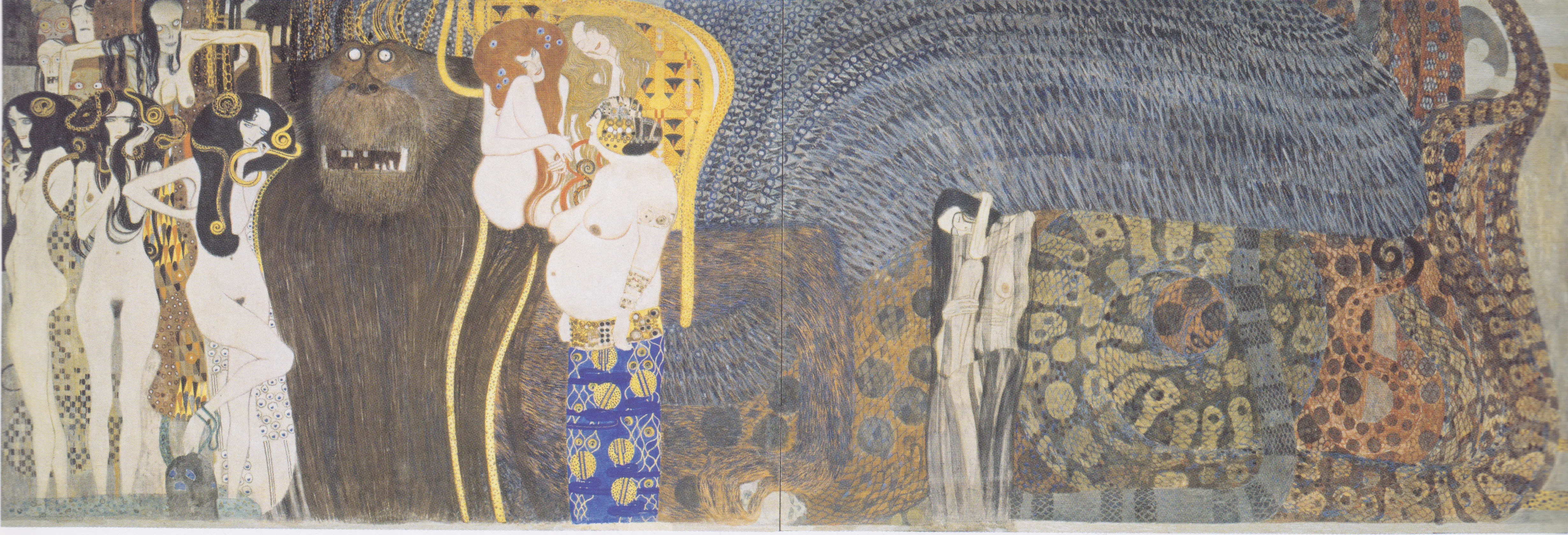 Gustav Klimt's Beethoven Frieze mural with symbolic figures and ornate patterns