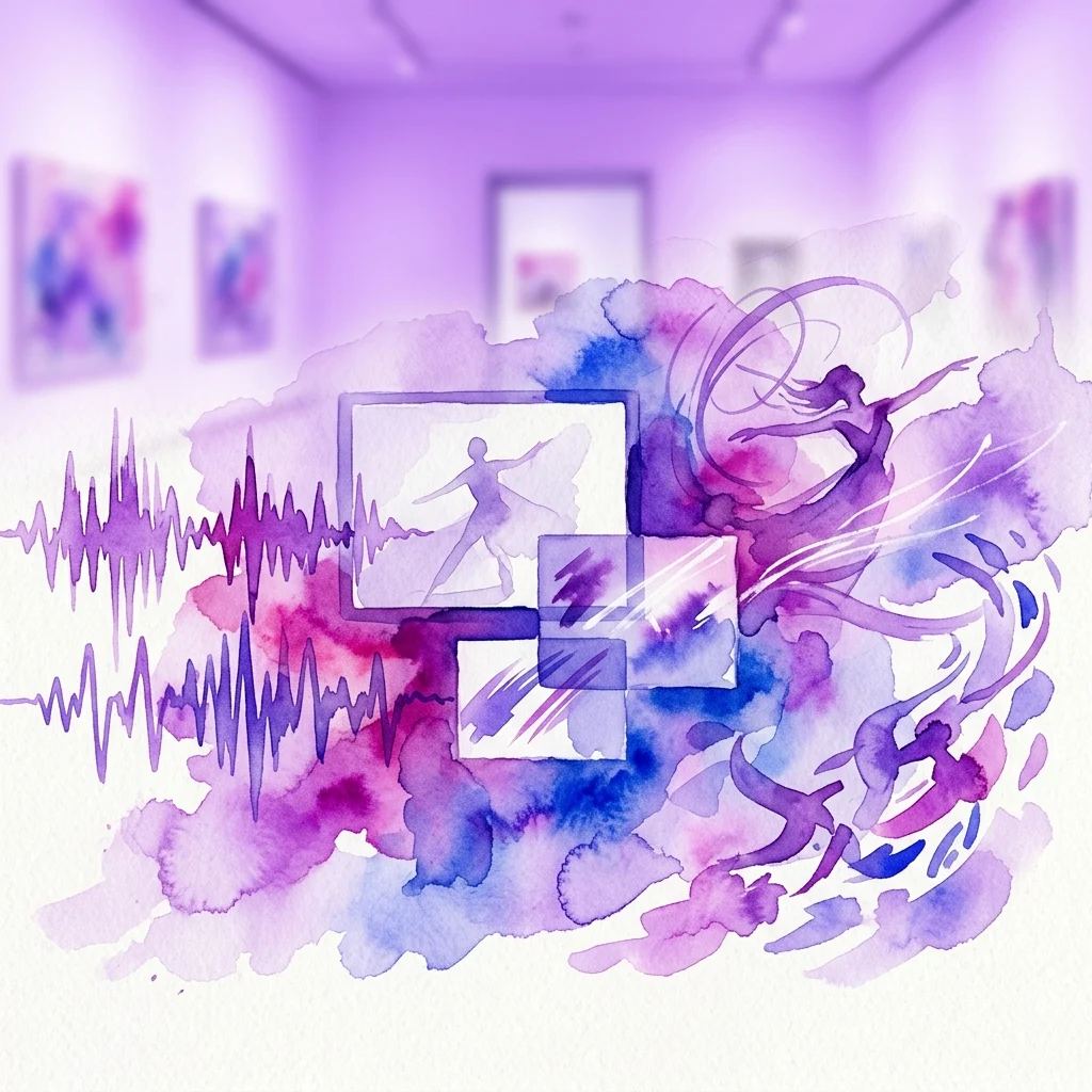 Een aquarelcollage met geluidsgolven, filmschermen en silhouetten van performancekunst in paarse en blauwe tinten, tegen een vervaagde galerieachtergrond.