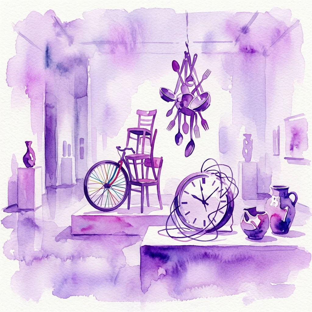 Ilustracja akwarelowa wystawy sztuki przedstawiającej codzienne przedmioty, takie jak rower, krzesła, zegar i sztućce, ułożone w niekonwencjonalny sposób, podkreślające formę i materiał.