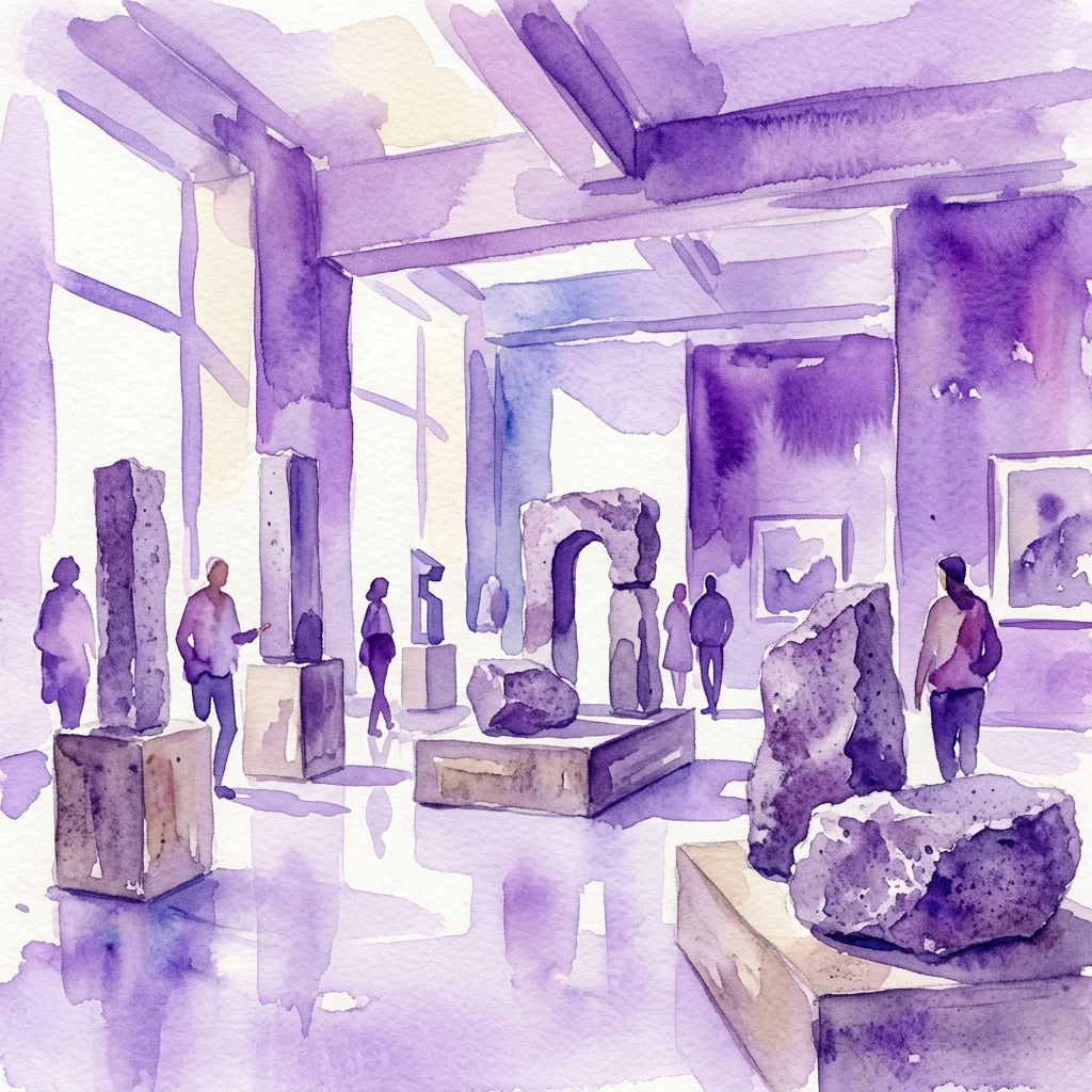 Waterverfillustratie van een kunstgalerie met bezoekers die stenen sculpturen en installaties bekijken onder paars getint licht.