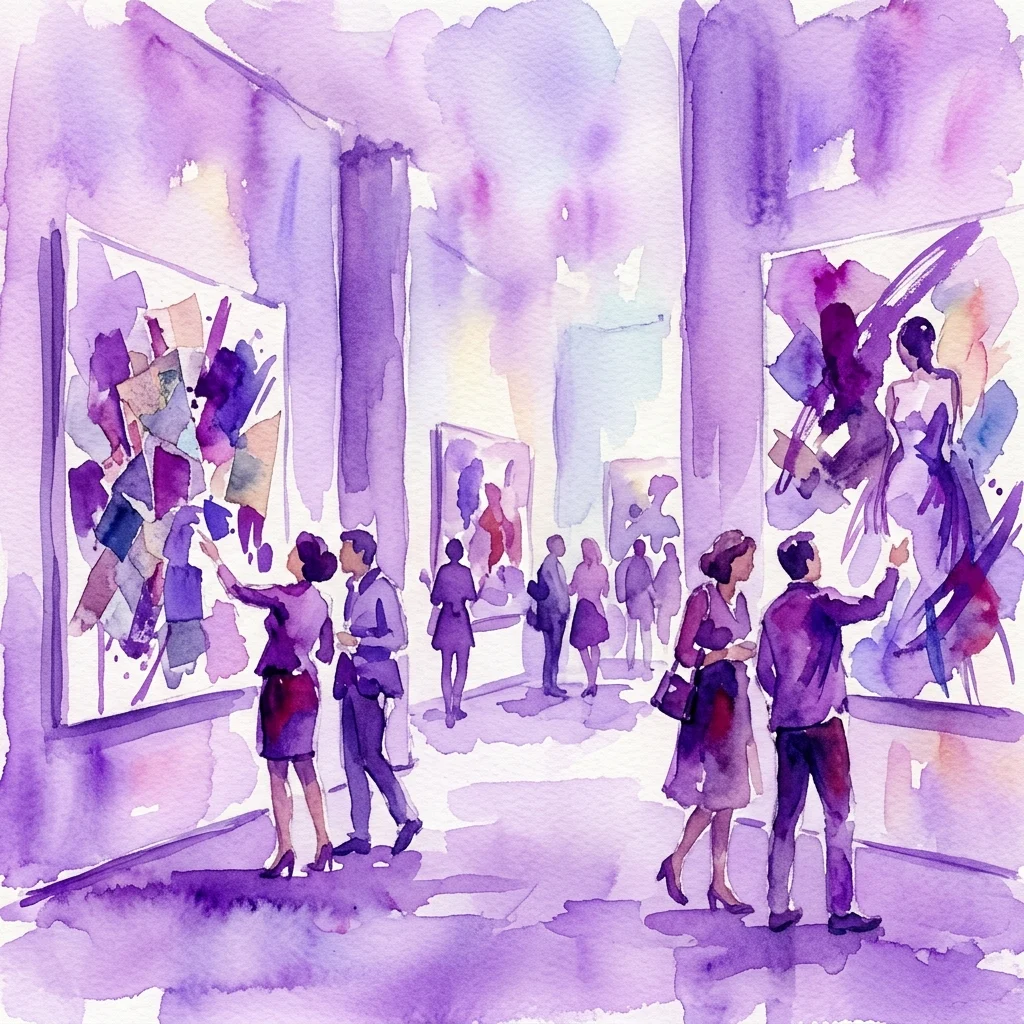 Waterverfillustratie van bezoekers die abstracte en figuratieve schilderijen bekijken in een galerie, met gedurfde penseelstreken en collage-elementen van Albert Oehlen.