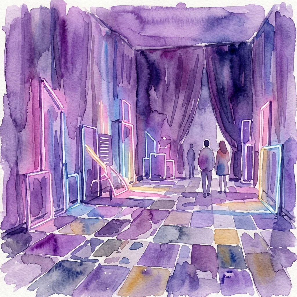 Waterverfillustratie van Alex Da Corte's 'Slow Graffiti'-tentoonstelling, met neonverlichte gefragmenteerde structuren, beklede fluwelen muren en een patchwork vloer in een paarse en roze schemeratmosfeer.