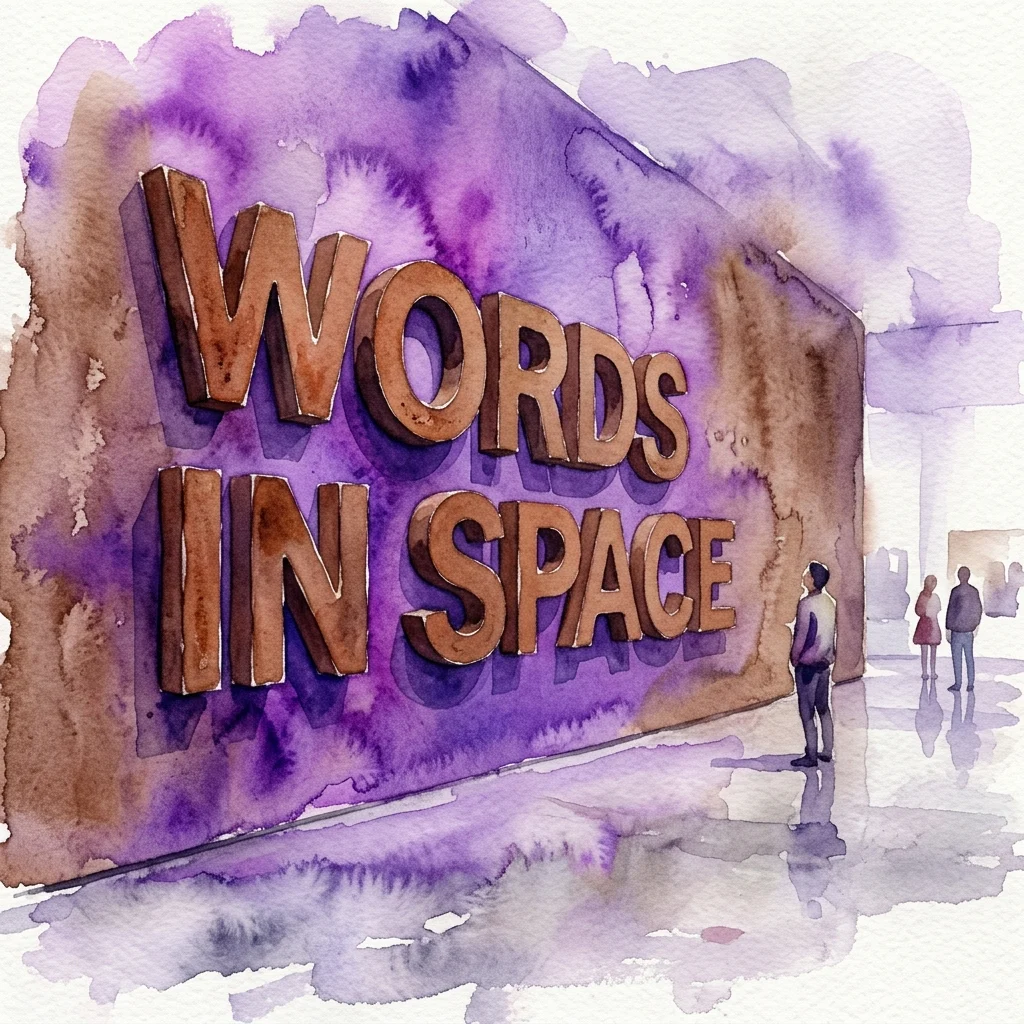 A watercolor illustration of a large-scale text installation titled 'WORDS IN SPACE' by Alfons Egger, featuring brown 3D letters on a purple and brown wall in a gallery setting.