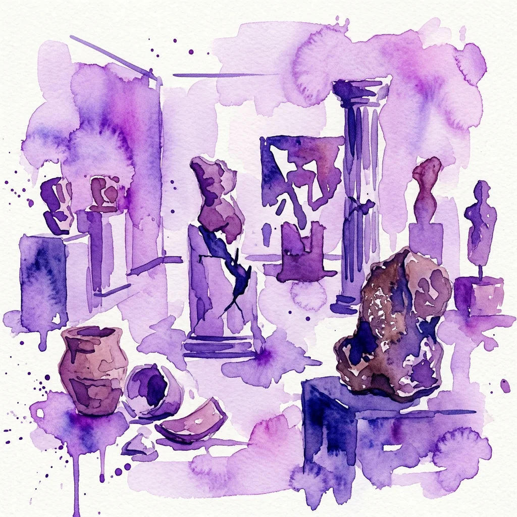 Een aquarelillustratie van gefragmenteerde sculpturen en klassieke zuilen in paarse tinten, die de tentoonstelling van Ali Cherri vertegenwoordigen, die thema's als geschiedenis, geweld en culturele artefacten onderzoekt.
