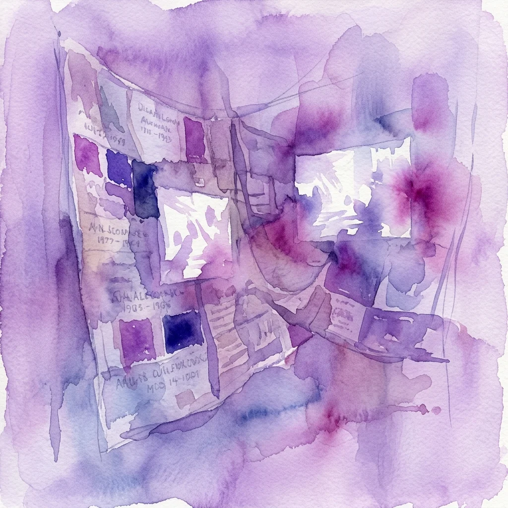 Akwarela przedstawiająca fragment AIDS Memorial Quilt z imionami i datami, wykonana w odcieniach fioletu i błękitu, reprezentująca konceptualną instalację Andrei Bowers na temat wagi znaczenia.