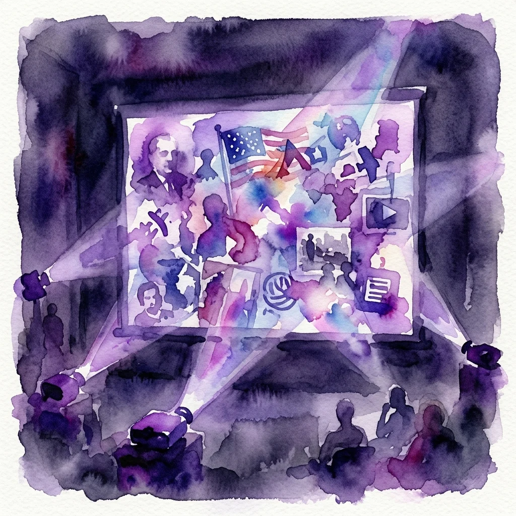 Een aquarelillustratie van een installatie met meerdere projectoren in een donkere kamer, met overlappende beelden van Amerikaanse vlaggen, silhouetten en tekst op een groot scherm, die Andrea Geyer's 'Parallax' tentoonstelling weergeeft.