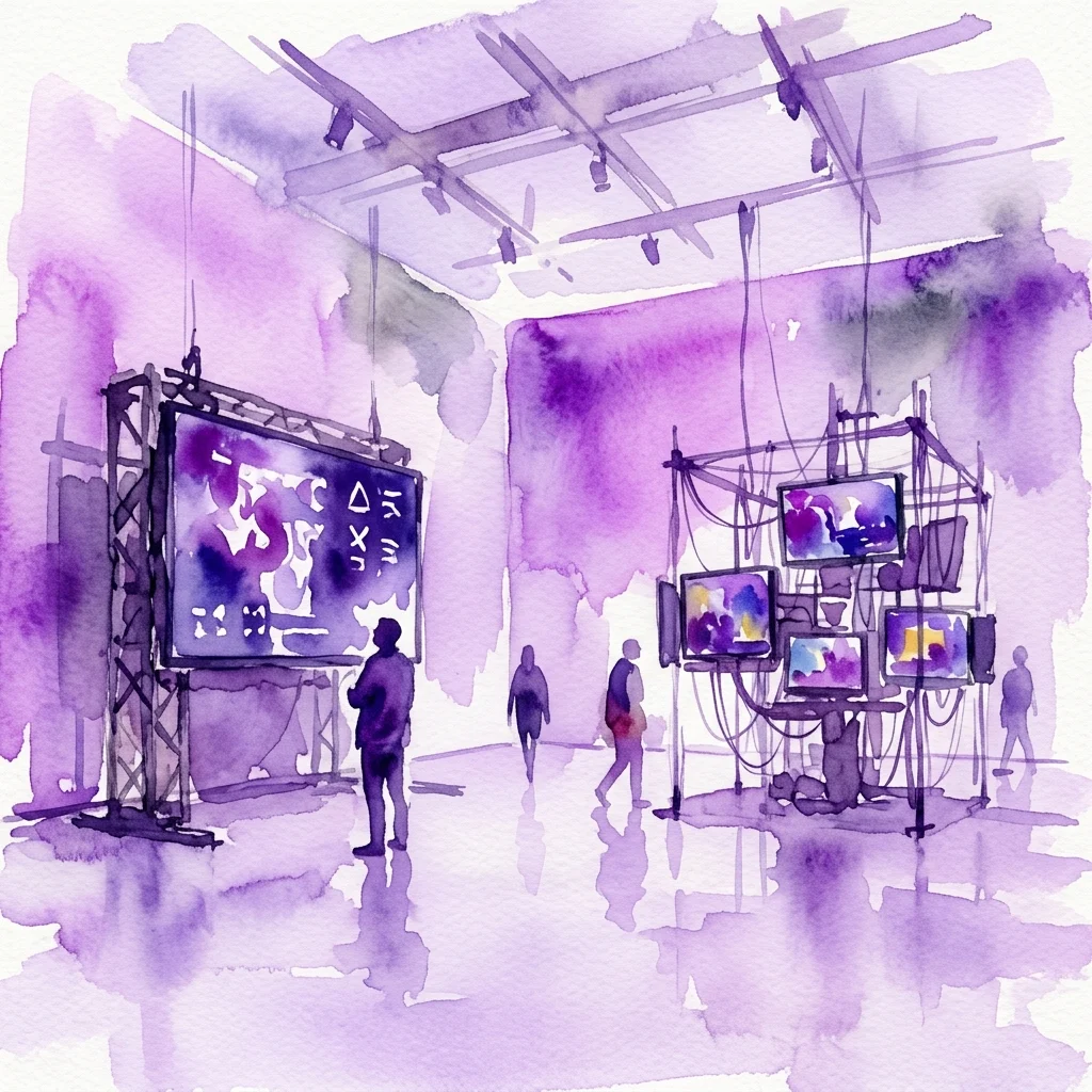 Ilustracja akwarelowa współczesnej wystawy sztuki z instalacjami wideo, prezentująca wiele ekranów i konstrukcji w minimalistycznej przestrzeni galerii o fioletowych barwach.