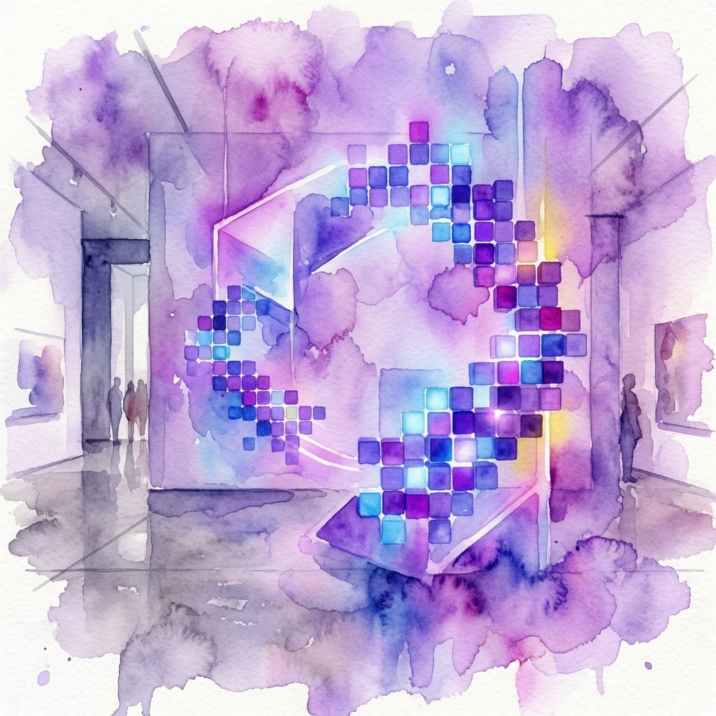 Abstrakcyjna geometryczna instalacja świetlna Angeli Bulloch z programowalnymi kolorowymi sześcianami tworzącymi pikselową spiralę, prezentowana w nowoczesnej galerii z efektami akwareli.