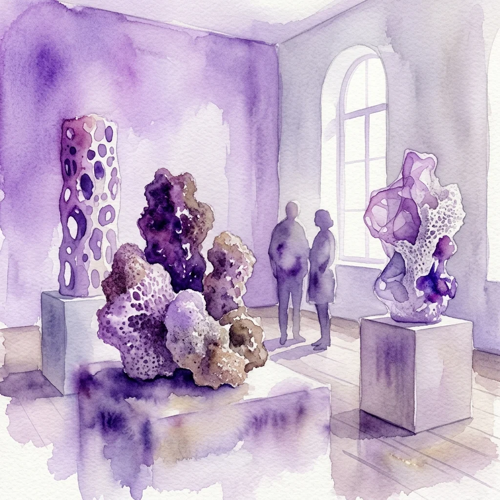 Waterverfillustratie van de tentoonstelling van Angelika Loderer met sculpturen van zand en mycelium, tentoongesteld in een galerie met paarse verlichting en bezoekers die de kunstwerken bekijken.