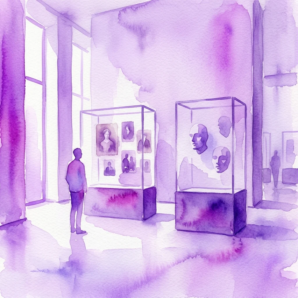 Ilustracja akwarelowa galerii muzealnej w fioletowych odcieniach, przedstawiająca gabloty z historycznymi fotografiami i maskami pośmiertnymi, w tym obrazy stereoskopowe Siergieja Merkurova, będące częścią wystawy sztuki konceptualnej Anny Artaker.