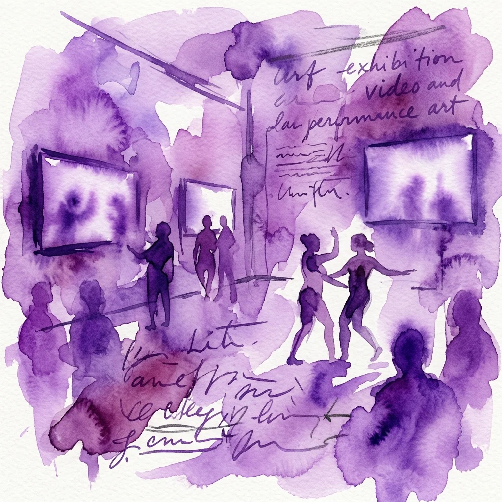 Waterverfillustratie van een hedendaagse kunsttentoonstelling met video- en performancekunst, met silhouetten van mensen die naar schermen kijken en optreden, weergegeven in paarse tinten.