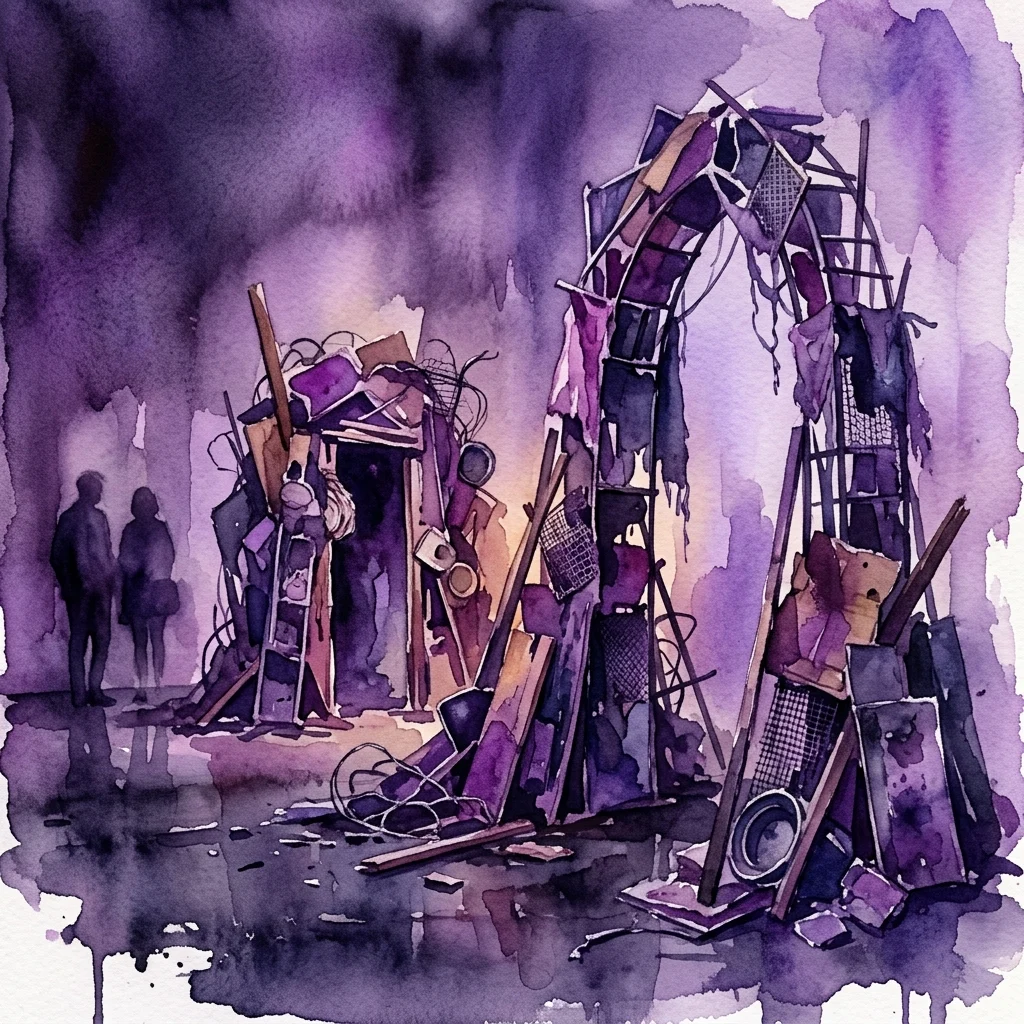 A watercolor illustration of Anne Hardy's art installation featuring constructed scenes from found objects and street detritus, with two silhouetted figures observing the surreal, contemplative display.