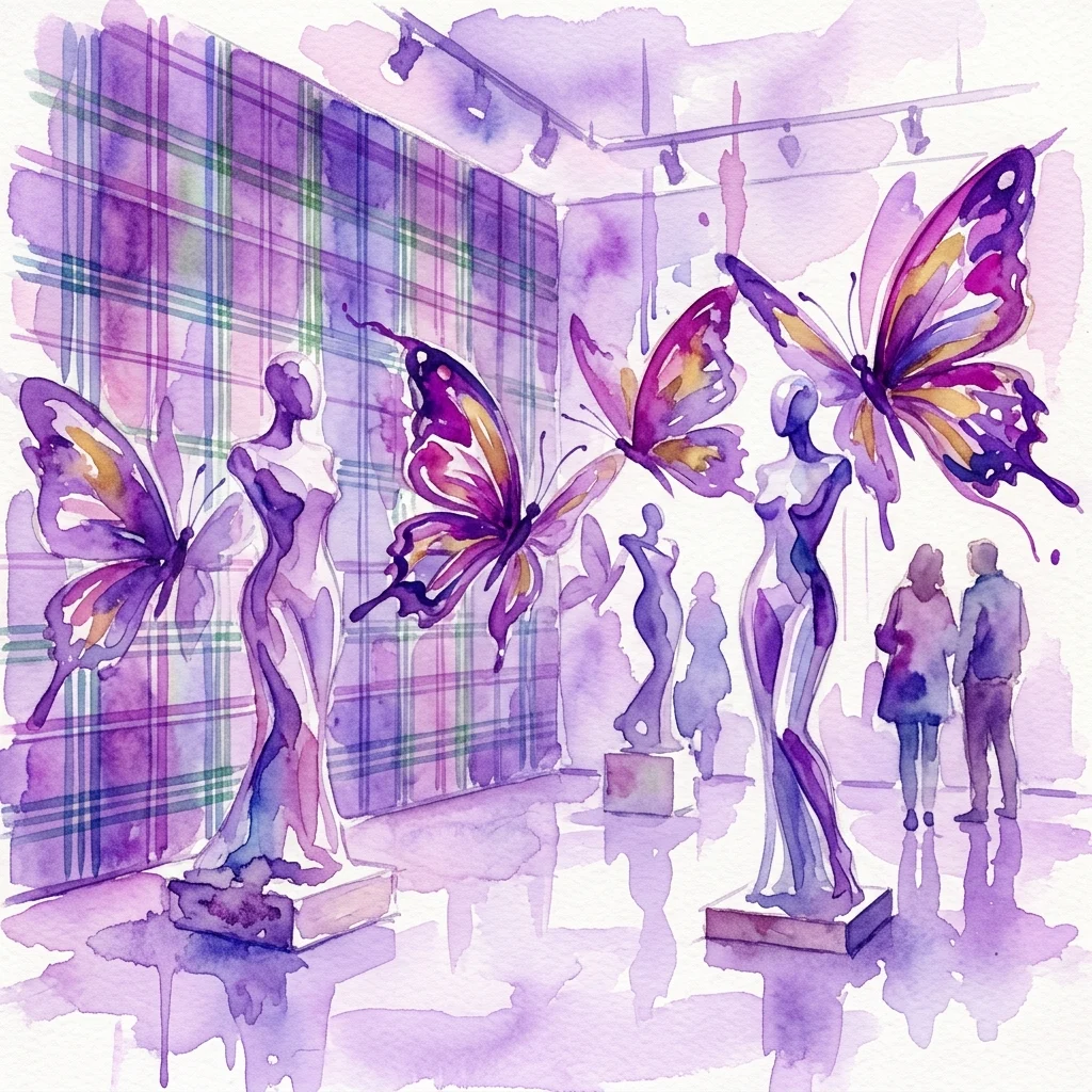Artystyczna interpretacja wystawy Anthei Hamilton „The New Life” przedstawiająca abstrakcyjne figury rzeźbiarskie z dużymi motywami motyli na tle szkockiej kraty tartan w przestrzeni galerii.
