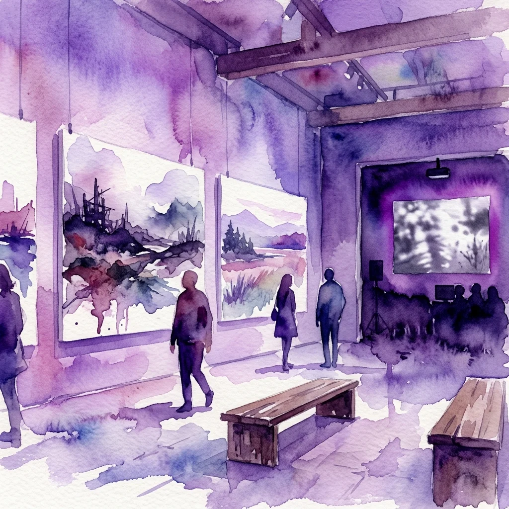 Watercolor illustration of an art gallery with purple lighting, featuring large landscape paintings on the walls and a video installation in the background, with visitors observing the artwork.