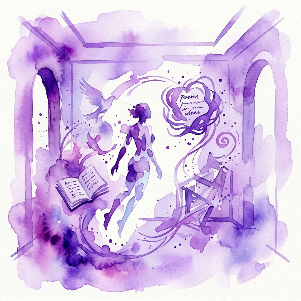 Een paarse aquarelillustratie die een surrealistische scène weergeeft met een figuur, een open boek, een vogel en een denkballon met de tekst 'poems pour un idéas', die de wisselwerking tussen kunst en poëzie oproept.
