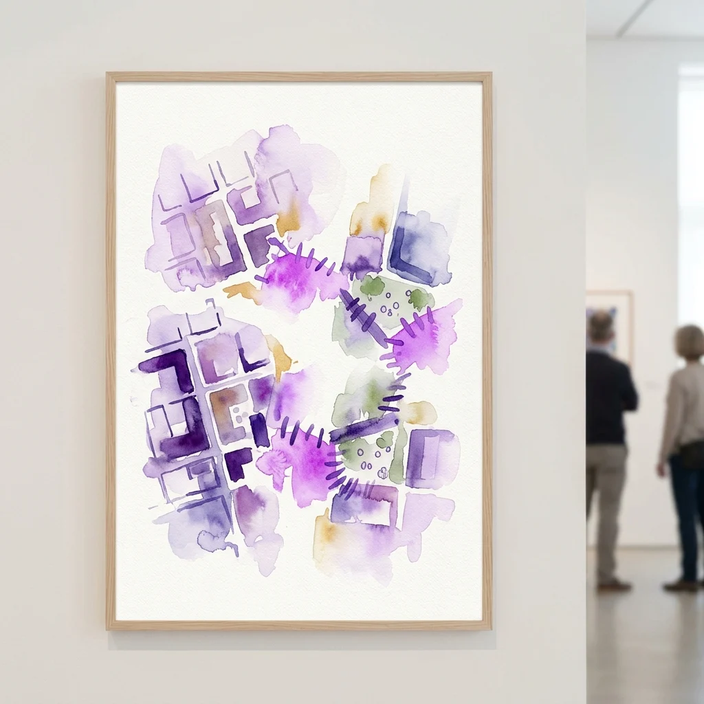Akwarela w jasnej drewnianej ramie, przedstawiająca abstrakcyjne formy architektoniczne w kolorach fioletowym, niebieskim i zielonym, eksponowana w galerii z widocznymi w tle zwiedzającymi.