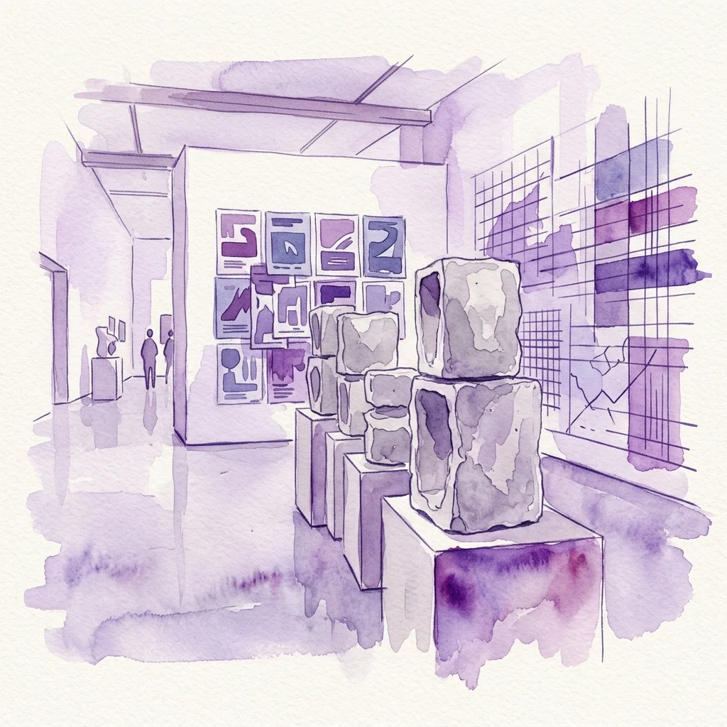 Ilustración en acuarela del interior de una galería de arte con moldes de hormigón de vacíos y pósteres abstractos en las paredes, parte de la exposición 'Atlas' de Nicole Six & Paul Petritsch en la Secesión.
