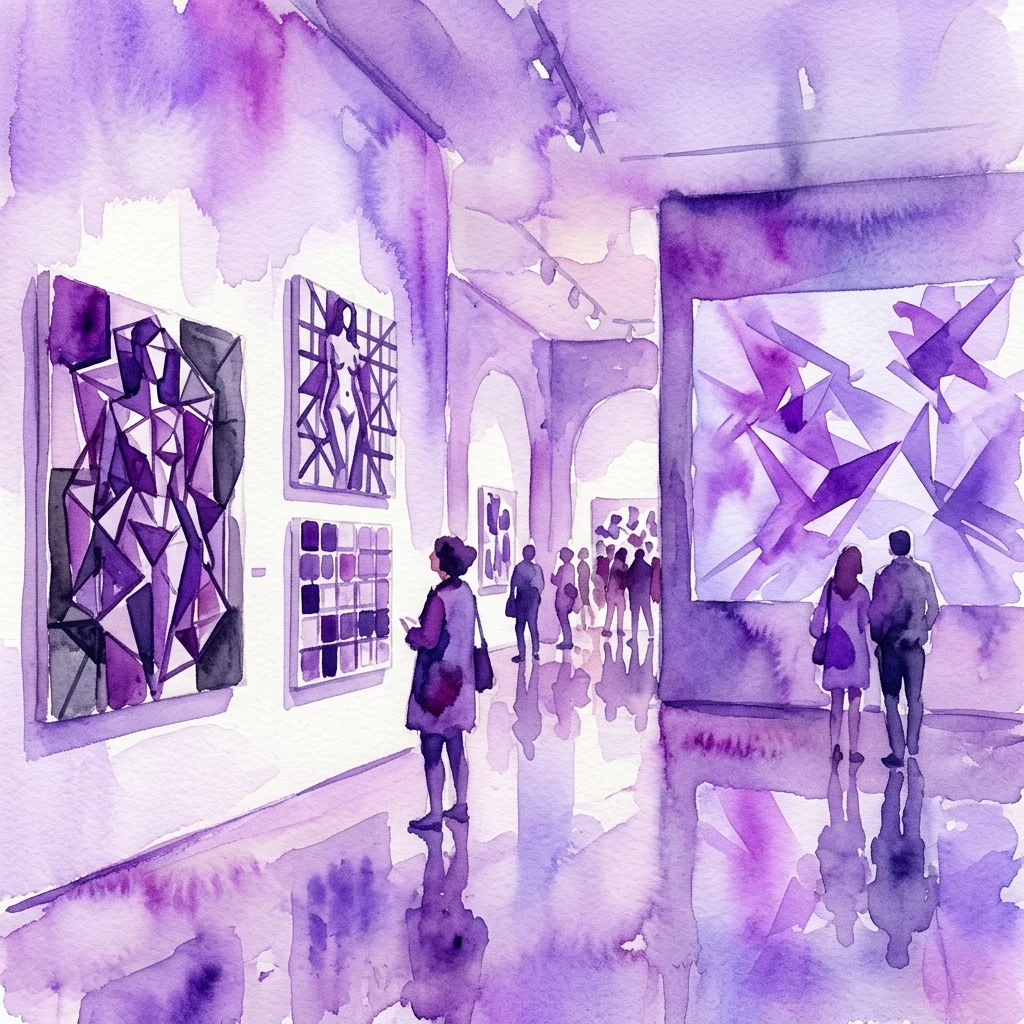 Waterverf-weergave van een hedendaagse kunstgalerie met abstracte schilderijen van Avery Singer in paarsgetinte tinten, bezoekers bekijken de kunstwerken in een moderne tentoonstellingsruimte.