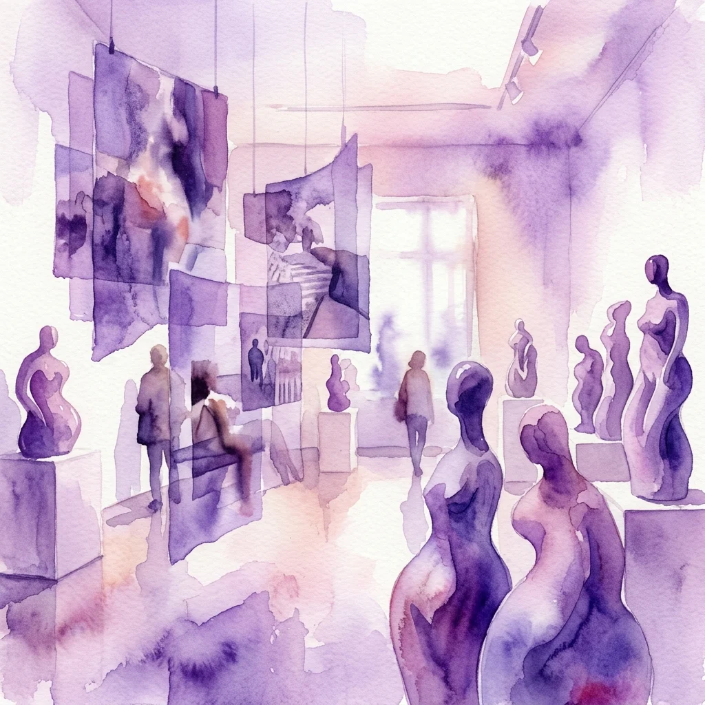 Watercolor rendering of B. Ingrid Olson's 'Elastic X' exhibition featuring sculptural and photographic works exploring body, space, and perception in a gallery setting.