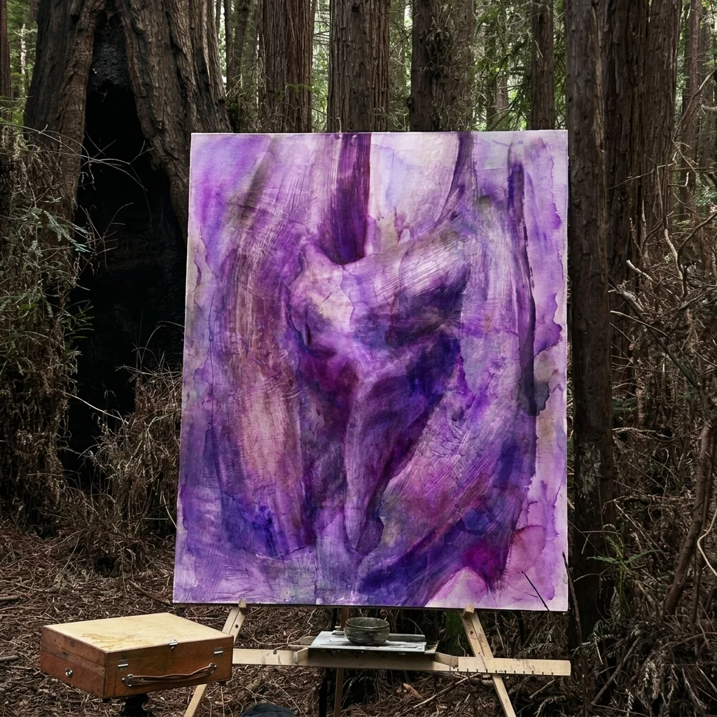 A large abstract painting with layered purple and white brushstrokes on an easel in a redwood forest, surrounded by trees and natural light.