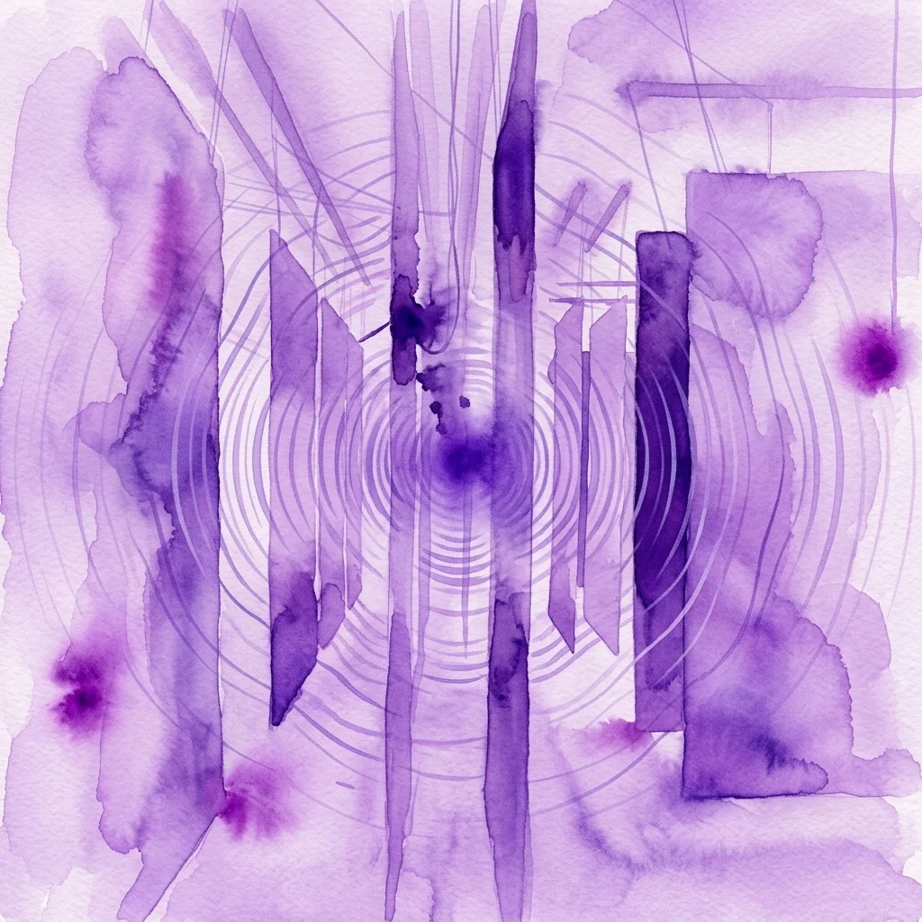 Obra de arte abstracta en acuarela púrpura que representa ondas sonoras y formas esculturales verticales, representando la instalación inmersiva de sonido de Bernhard Leitner en la Secession.
