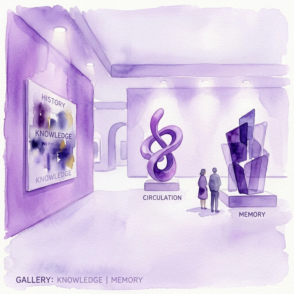 Waterverfillustratie van een kunstgalerie met paarse verlichting, met abstracte sculpturen gelabeld 'CIRCULATION' en 'MEMORY', en een wandtekstpaneel met 'HISTORY' en 'KNOWLEDGE', die de tentoonstelling 'Past Imperfect' van Bik Van der Pol vertegenwoordigen.