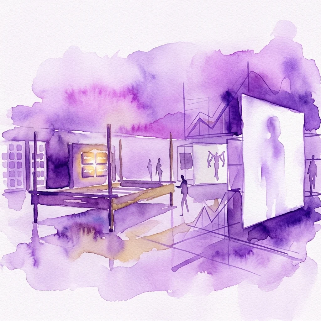 Ilustración en acuarela de un espacio de exhibición de arte con tonos púrpuras, que presenta una plataforma similar a un escenario, figuras silueteadas y una gran pantalla que muestra una forma humana, representando la exposición 'Body Display – Performative Installation #4'.