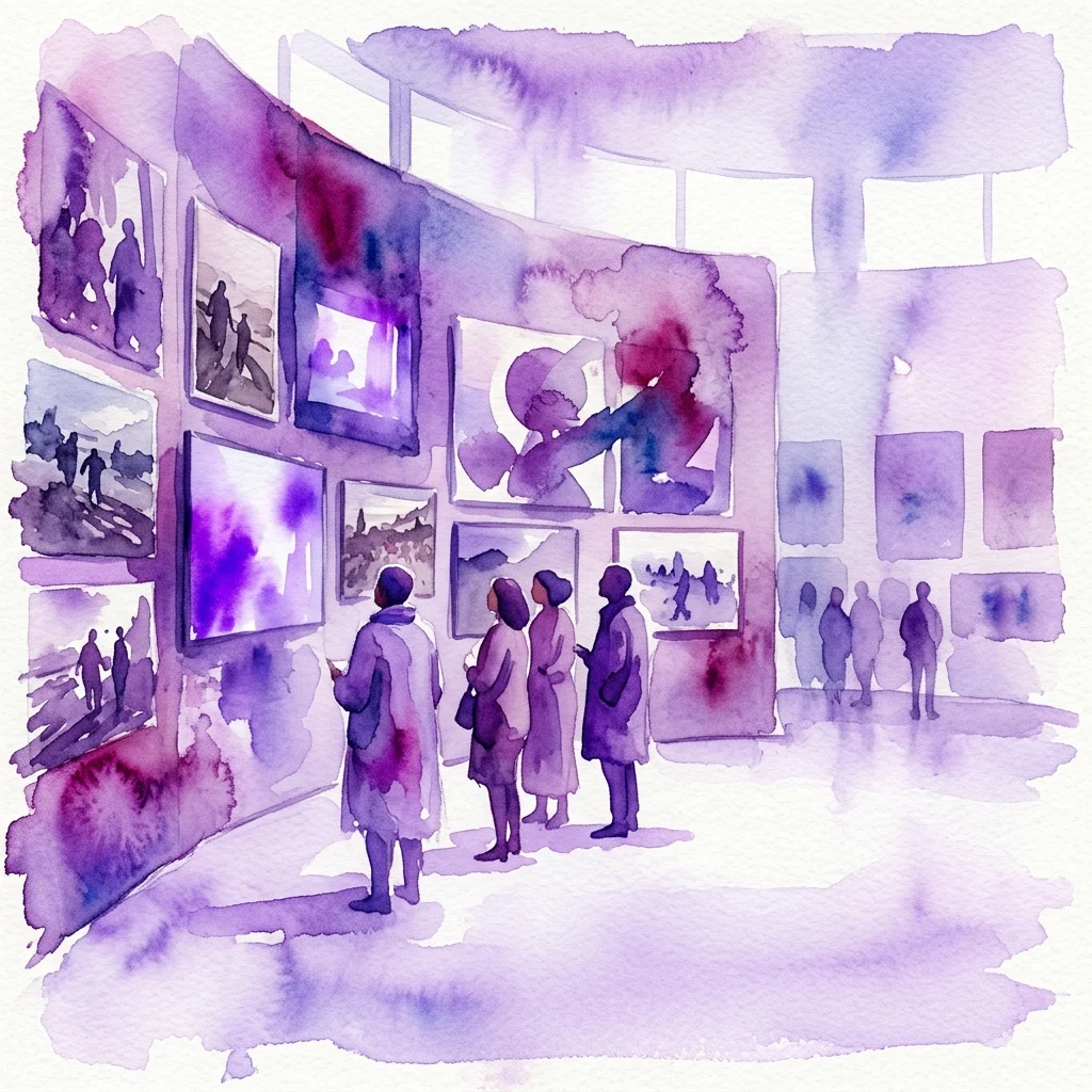 Watercolor illustration of visitors viewing framed artworks in a gallery, featuring a purple and white color scheme.