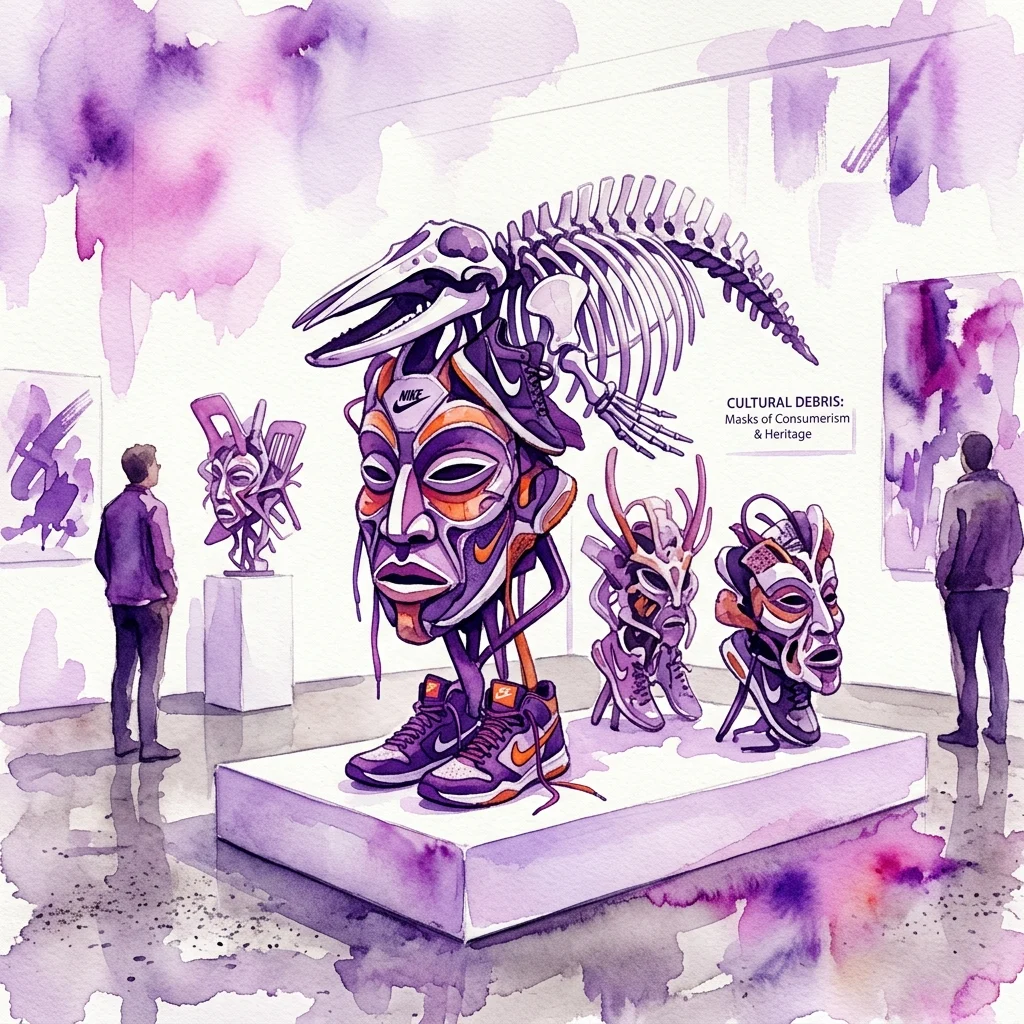 Esculturas de Brian Jungen hechas de zapatillas Nike y sillas de plástico, que se asemejan a máscaras indígenas y esqueletos de ballenas, expuestas en una galería con efectos de acuarela morada.
