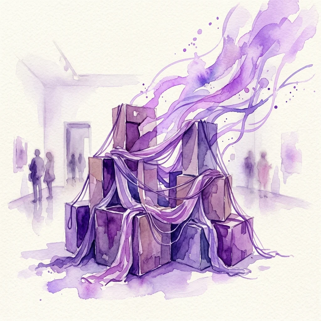 Ilustracja akwarelowa instalacji artystycznej Carlosa Bungy przedstawiająca kartonowe konstrukcje owinięte w fioletową tkaninę, nawiązująca do tematów ograniczeń i wolności umysłu w galerii.