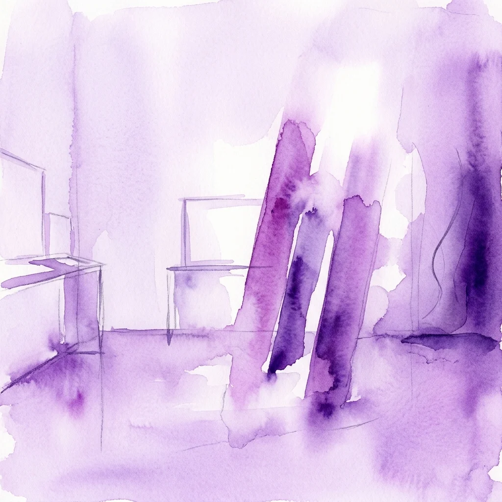 Representación en acuarela de un espacio de galería minimalista con lavados púrpuras, que presenta instalaciones abstractas y mesas de exhibición, representando la exposición 'Equivok' de Carola Dertnig que explora la política del lenguaje y el género.