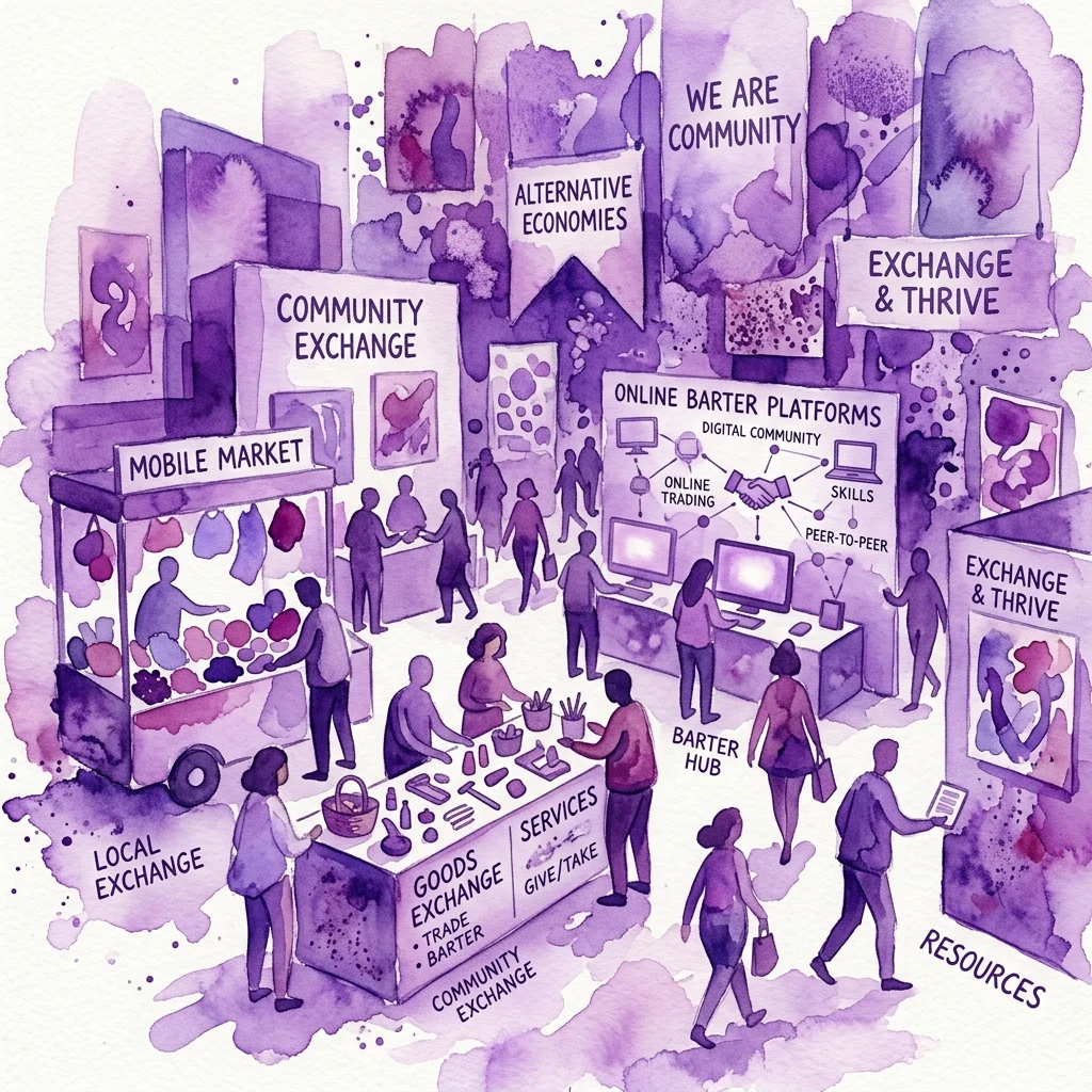 Ilustración de la exposición 'Day to Day' de Carolina Caycedo, que presenta un mercado móvil, intercambio comunitario y plataformas de trueque en línea que promueven economías alternativas e interacción comunitaria.