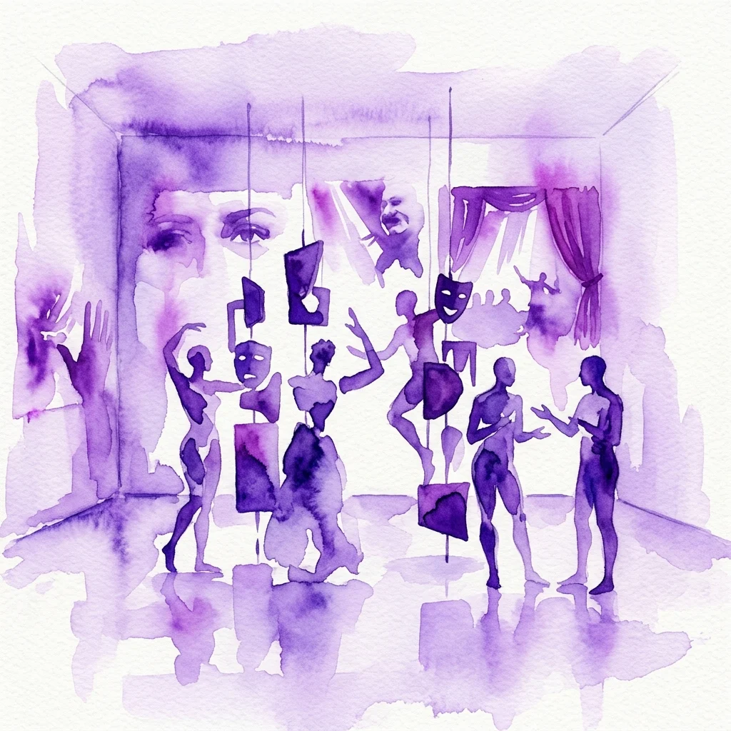 Una ilustración en acuarela morada de una instalación de arte que presenta figuras humanas abstractas, máscaras teatrales y proyecciones fragmentadas, representando la exploración de la performance y la identidad de Catherine Sullivan.