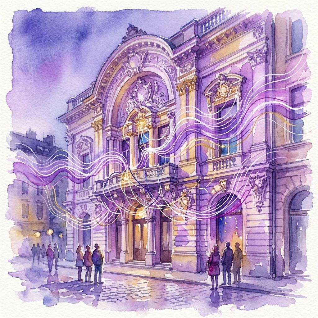 Ilustración en acuarela del edificio Secesión con tonos púrpuras y dorados, con líneas onduladas que representan ondas sonoras que emanan de su fachada ornamentada, simbolizando la instalación de sonido de Cevdet Erek.