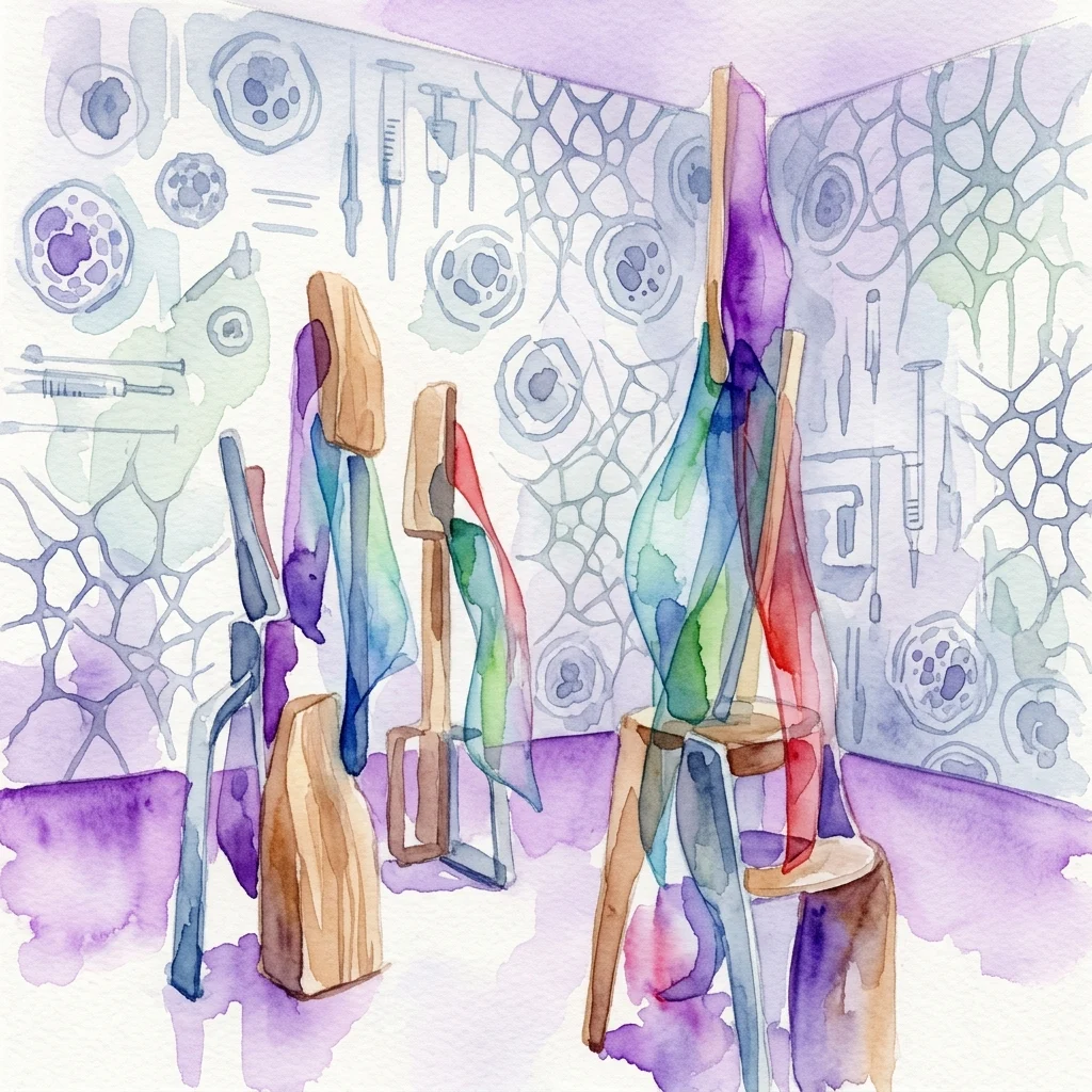 Ilustración en acuarela de la exposición 'Ward' de Chadwick Rantanen, con objetos escultóricos abstractos hechos de madera, metal y película de colores contra un papel tapiz personalizado con motivos médicos como jeringuillas y células.
