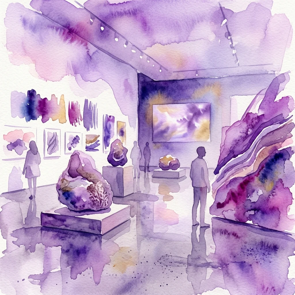 Waterverfillustratie van een kunstgalerie in paars- en roze tinten, met sculpturen, ingelijste kunstwerken en een groot scherm waarop abstracte beelden worden weergegeven, terwijl bezoekers de tentoonstellingen bekijken.