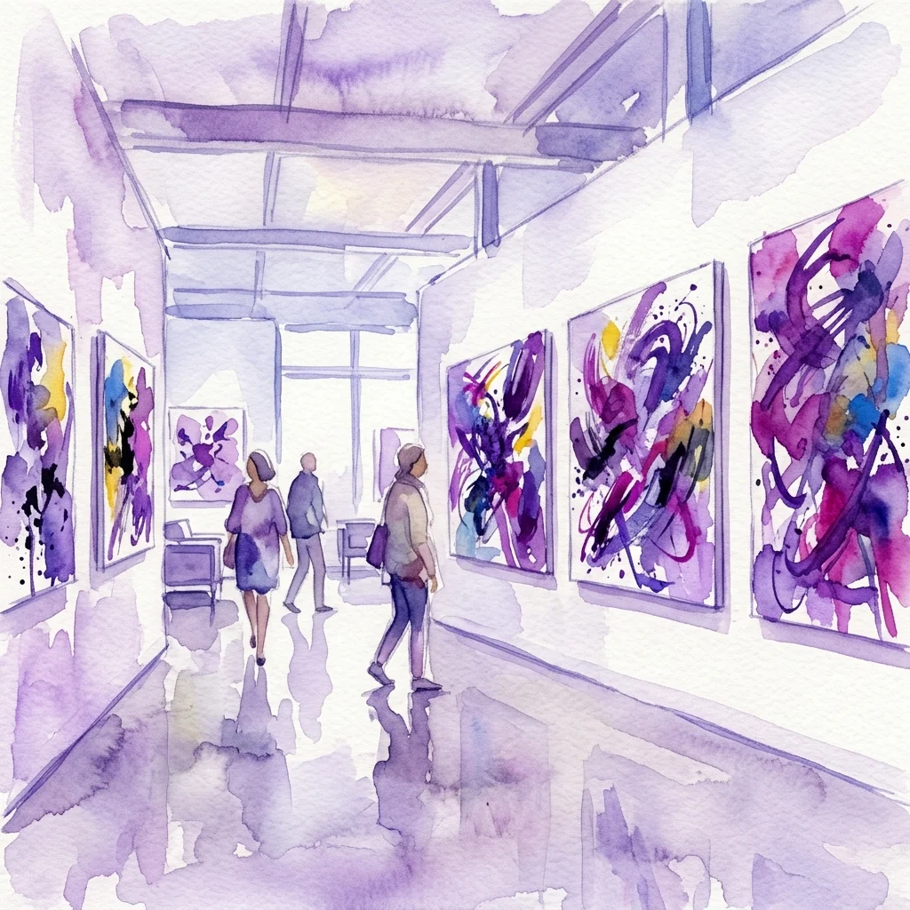 Ilustracja akwarelowa galerii sztuki z abstrakcyjnymi obrazami Charline von Heyl, z żywymi fioletowymi, różowymi i żółtymi śladami gestów na ścianach, podczas gdy odwiedzający przechodzą przez przestrzeń.