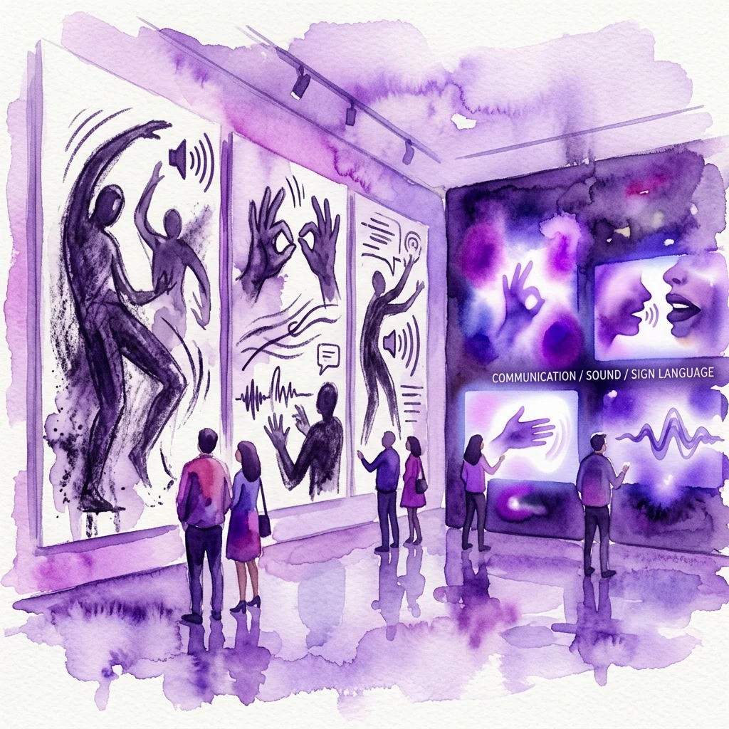 Ilustracja akwarelowa galerii sztuki przedstawiająca wielkoformatowe rysunki węglem i instalacje wideo na temat komunikacji, dźwięku i języka migowego, z odwiedzającymi oglądającymi dzieła sztuki.