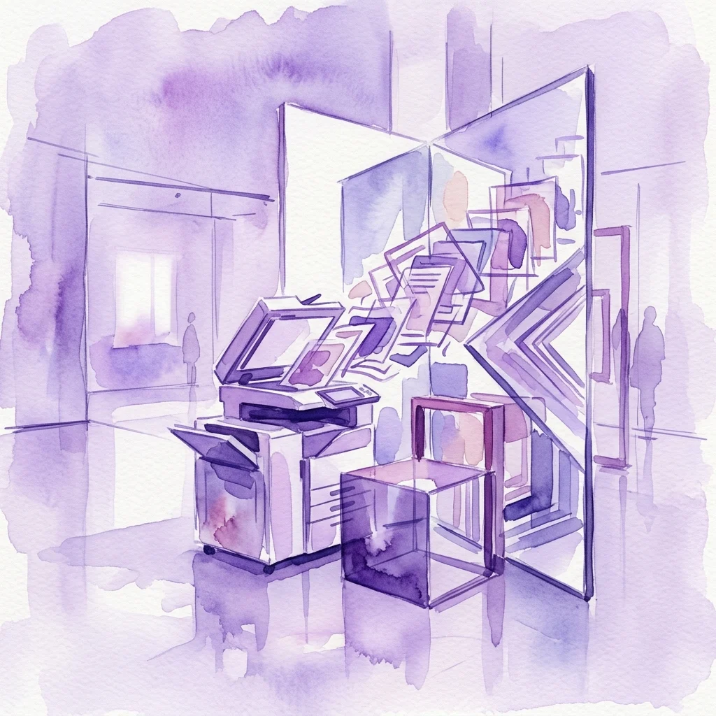 A watercolor illustration of an art installation featuring a photocopier, geometric forms, and mirrored surfaces in a minimalist gallery space, representing Christoph Meier's exploration of copying and duplication.