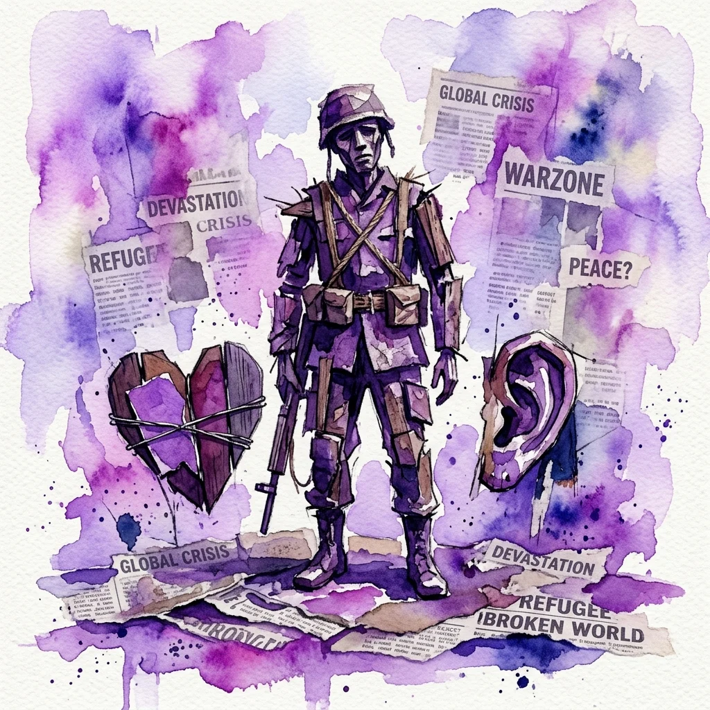 Una ilustración en acuarela de una figura de soldado fragmentada hecha de madera y papel maché, rodeada de elementos simbólicos de corazón y oreja, sobre un fondo de recortes de periódico con palabras como 'GLOBAL CRISIS', 'WARZONE' y 'REFUGEE' sobre un fondo morado y blanco.